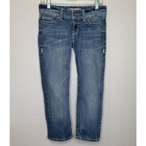 BKE Denim Sabrina Crop Jeans Womens Size 26 Medium Wash Distressed Thick Stitch